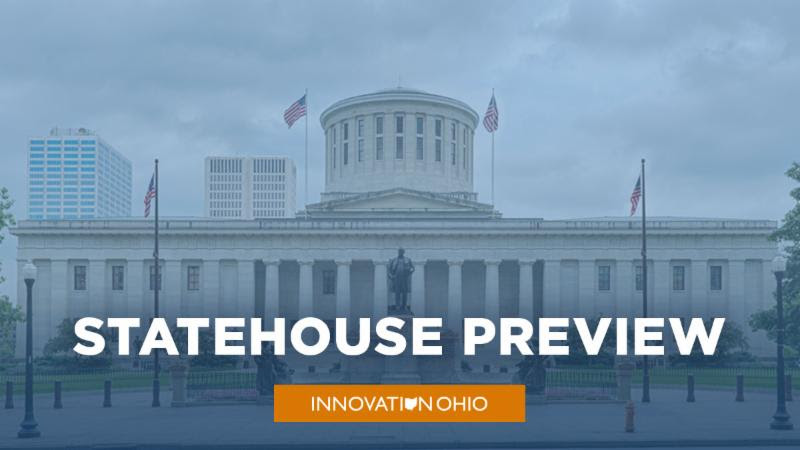 A photo of the Ohio Statehouse with a blue overlay. Text reads "Statehouse Preview" with Innovation Ohio's logo in an orange box in the bottom center of the image.